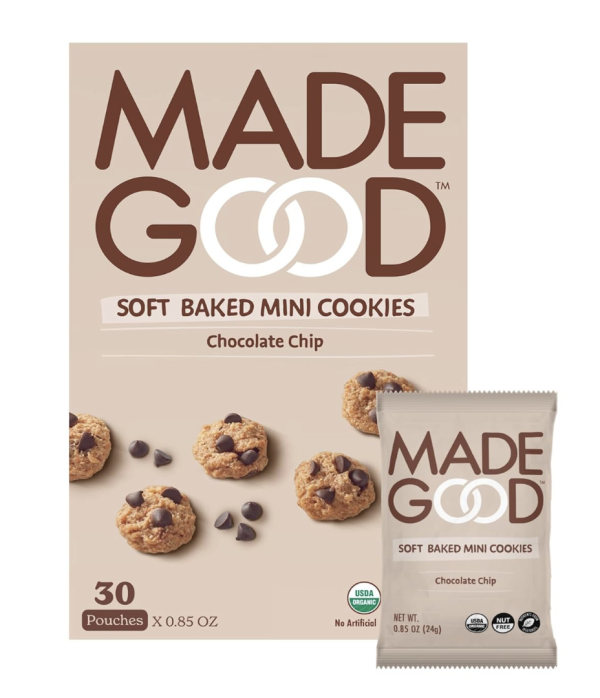 MadeGood Soft Baked Chocolate Chip Mini Cookies, Gluten Free & Safe For School Snacks, 30 Count